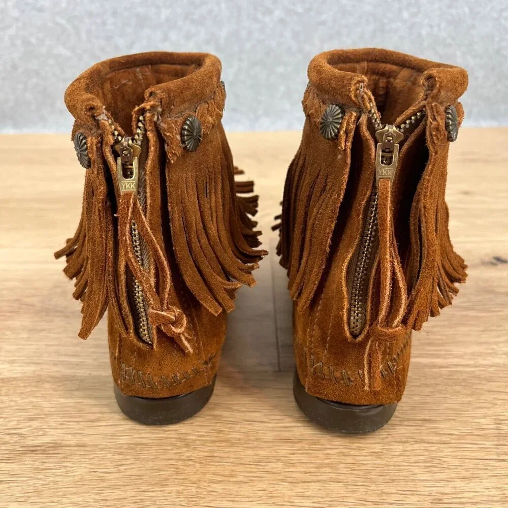 Minnetonka Womens Hi Top Back Zip Western Bootie Shoes Size 6 Brown Suede Fringe - Picture 5 of 11